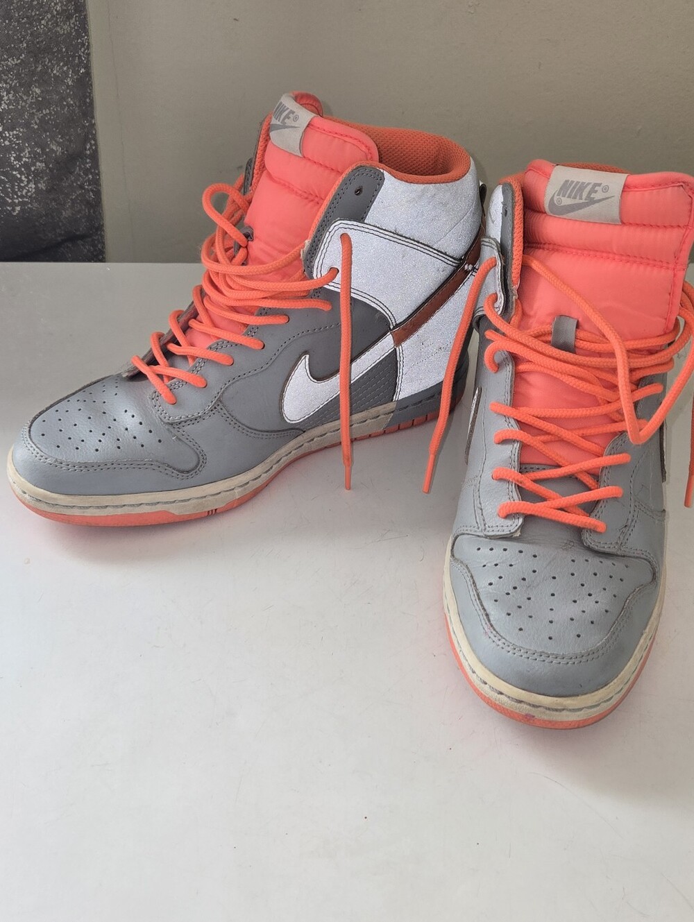 Nike Women's High-Top Wedge Sneakers in Gray and Coral Orange (Reflective)